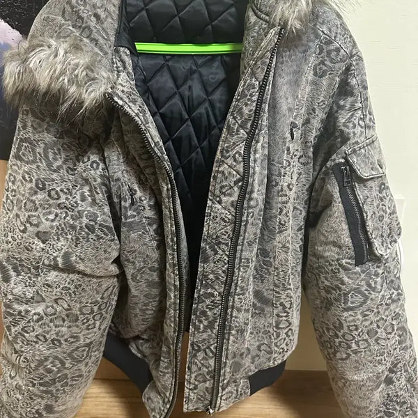[BUNJANG] bxcs Washed Leopard Hooded Puffer Jacket (Gray) / 비엑세스 자켓