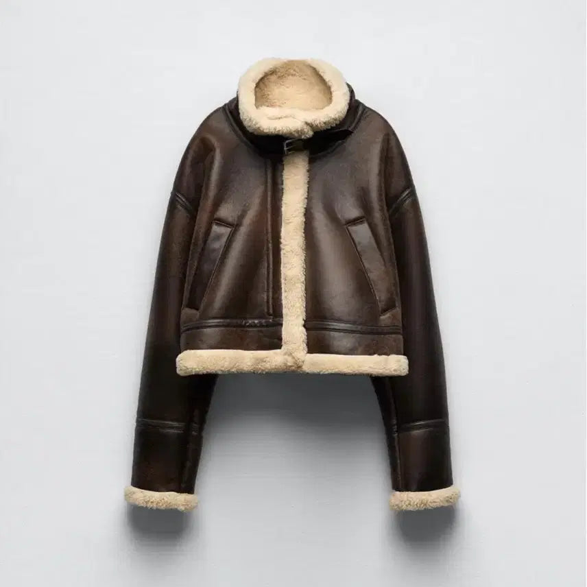 [BUNJANG] Zara Double-Faced Cropped B3211-082-712-S (Brown) / 자라 더블페이스트 크롭 무스탕 브라운 S 사이즈