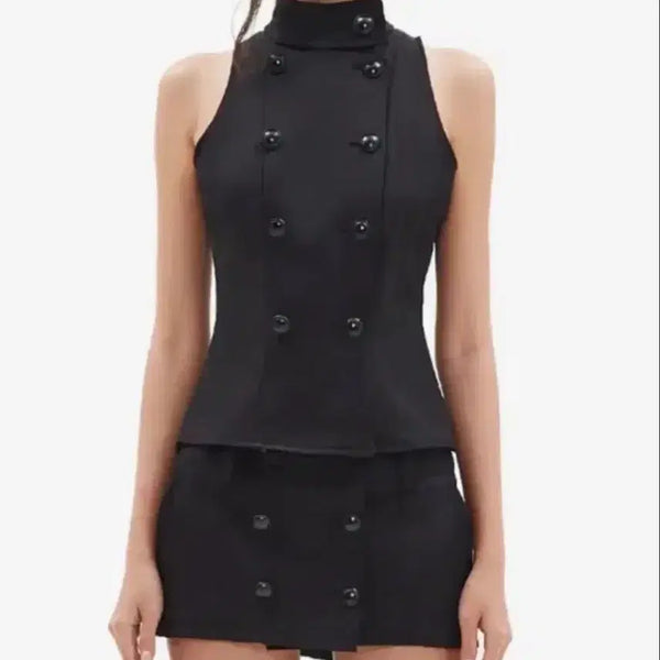 [BUNJANG] Hilda Tailored Half-Neck Button Vest (Black) / 힐다 테일러드 하프넥 버튼 베스트(블랙)