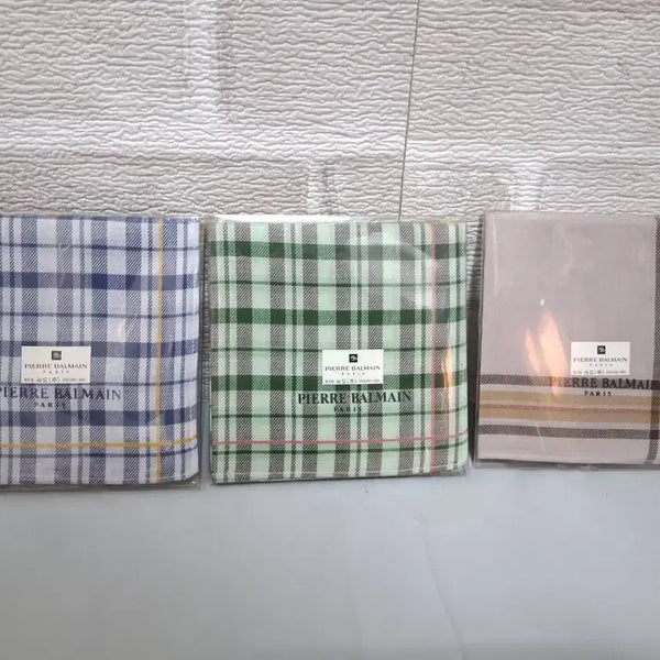 [BUNJANG] Pierre Balmain Men's Checked Cotton Handkerchief Set (3 Pieces) / 피에르 발망 손수건 3개 세트 새상품 체크무늬 남성고급 면손수건