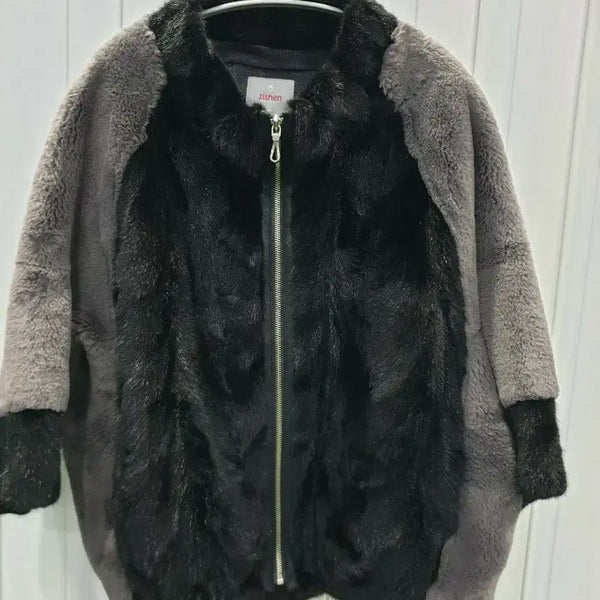 [BUNJANG] Jisen Mink & Poly Jacket Black/Gray / 지센 밍크  자켓 블랙/그레이