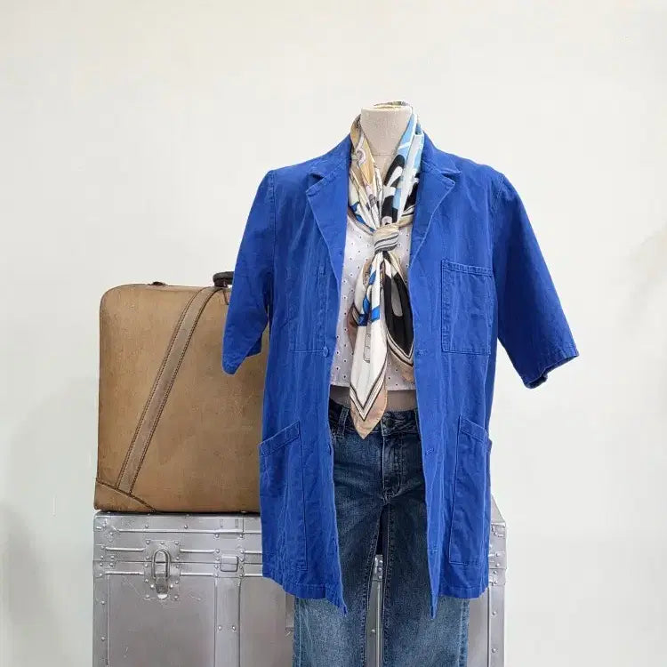 [BUNJANG] French Style Royal Blue Short-Sleeve Long Work Jacket/Coat (M~L) / [빈티지/프렌치] 로얄블루 반팔 롱 워크자켓 / 워크코트 (M~L)