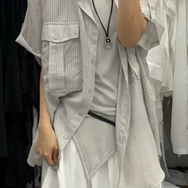 [BUNJANG] Muzet Stripe Short Sleeve Shirt (Gray) / 뮤젯 스프라이프 셔츠