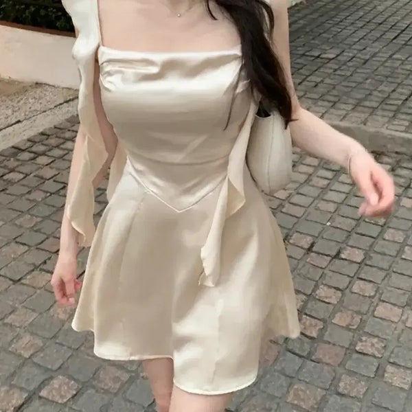 [BUNJANG] Satin Drape Frill Sleeveless Mini Dress / 새틴 드레이프 프릴 나시 미니원피스