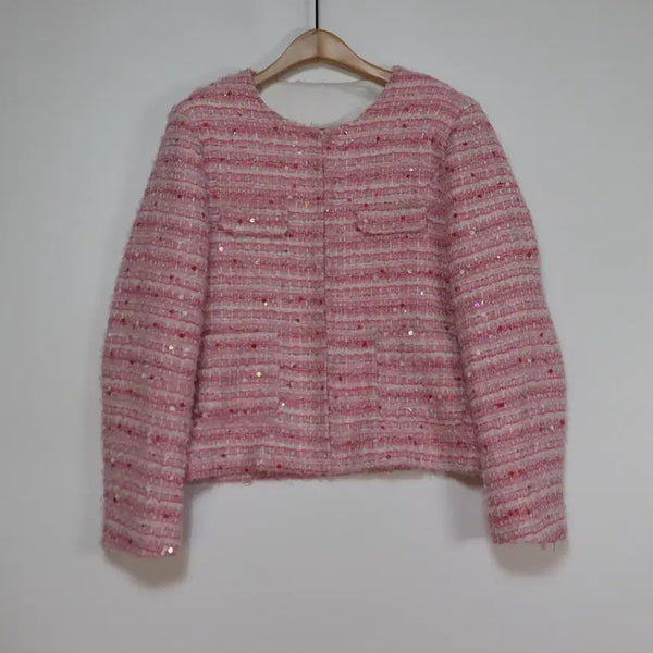 [BUNJANG] High-Quality Pink Sequin Lapel-less Tweed Jacket (L) / 고퀄 핑크 시퀸 노카라 트위드 자켓 L 하객룩