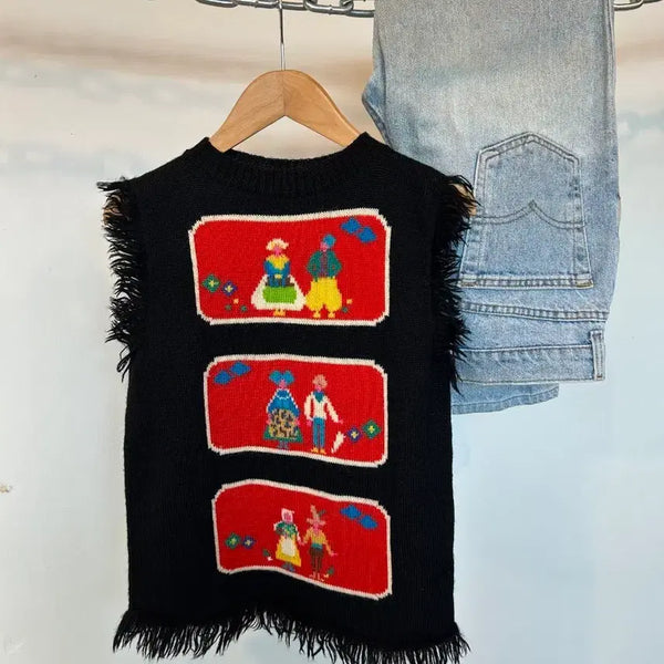 [BUNJANG] Vintage Black Fringe Character Pattern Knit Vest / 빈티지 블랙프린지 캐릭터 패턴 니트 베스트