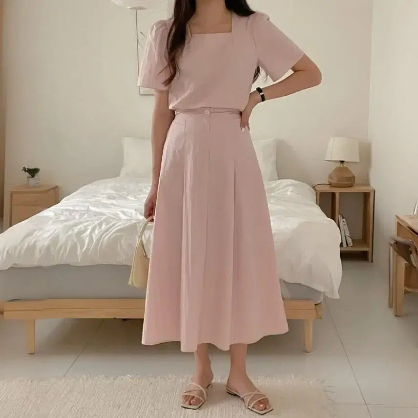 [BUNJANG] Pink Square Neck Blouse & Flare Long Skirt Set / 핑크 세트룩 스퀘어넥 블라우스+플레어 롱스커트