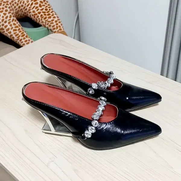 [BUNJANG] Black Satin Mules with Cubic Embellishments - 8cm Heel / (거의새것)  블랙 뮬 힐 슈즈 (새틴/큐빅 장식) 230  굽높이 8cm