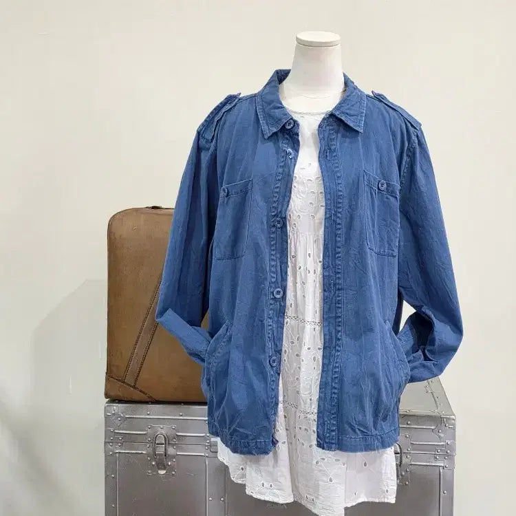 [BUNJANG] French Work/Military Blue Epaulet Pocket Work Jacket (100% Cotton) / [프렌치 워크/밀리터리] 블루 견장 포켓 워크자켓(면100%)