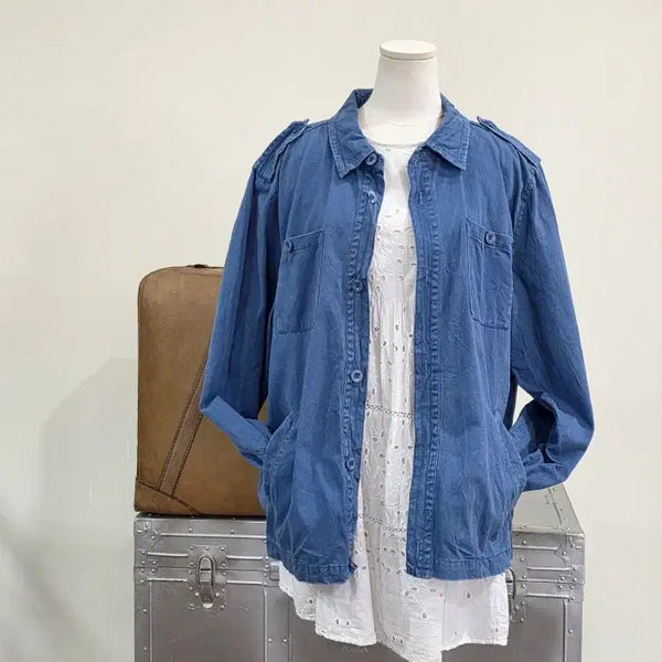 [BUNJANG] French Work/Military Blue Epaulet Pocket Work Jacket (100% Cotton) / [프렌치 워크/밀리터리] 블루 견장 포켓 워크자켓(면100%)