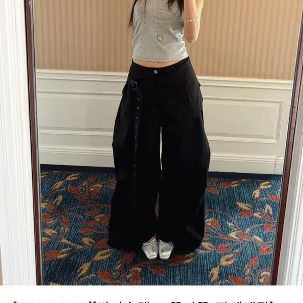 [BUNJANG] Wrap Skirt Belt Wide Pants Black / 랩스커트 벨트 와이드 팬츠 블랙 (여름버전 x 어텀버전)
