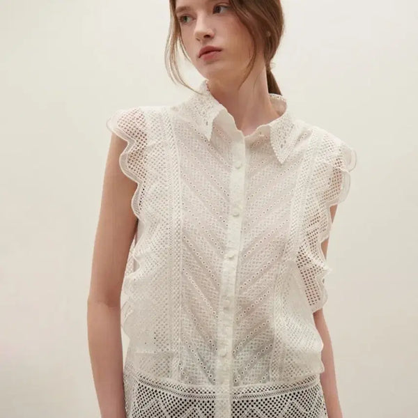 [BUNJANG] Satin Frill Lace Blouse / 25년 샤틴 프릴 레이스 블라우스 55 새상품