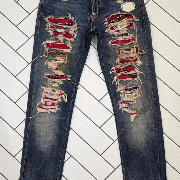 [BUNJANG] Philipp Plein Genuine Red Patch Straight Cut Dirty Washing Denim Jeans / 필립플레인 정품 레드컬러 패치 스트레이트 컷 더티워싱 데님청바지.    싸이즈 30