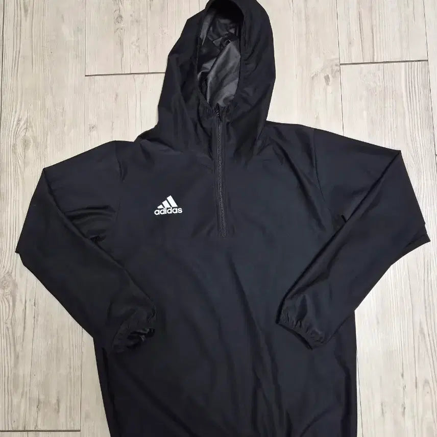 [BUNJANG] Adidas Hooded Windbreaker Half-Zip Jacket Black / 아디다스 후드 바람막이 반집업 (95)