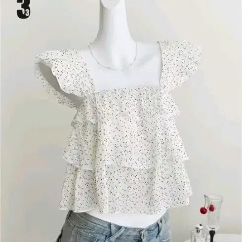 [BUNJANG] Printed Frill Square Neck Blouse / 프린팅 프릴 스퀘어넥 블라우스 새거