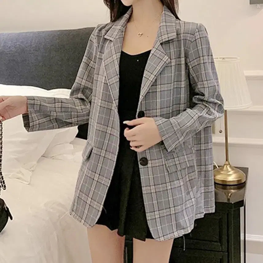 [BUNJANG] Gray Check Loose Fit Jacket / [새제품]간절기 루즈핏 그레이 체크 자켓
