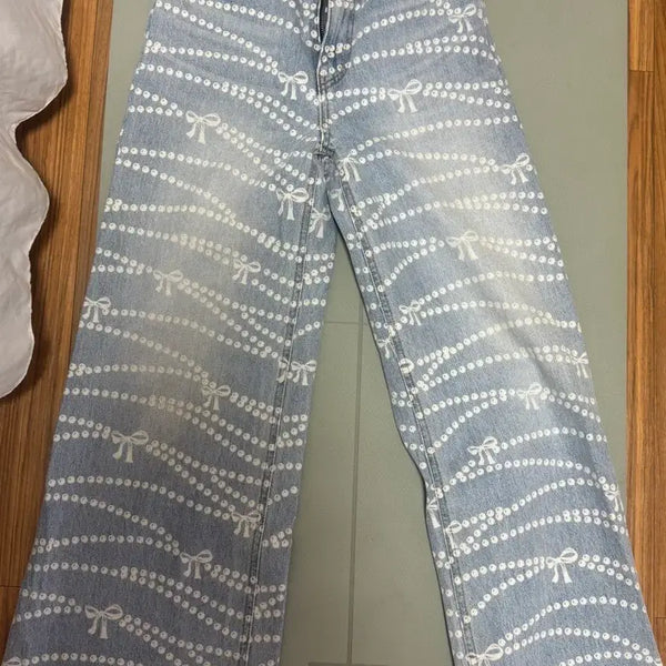 [BUNJANG] Ribbon Wide Denim Pants (S) / 리본 와이드 청 (s)
