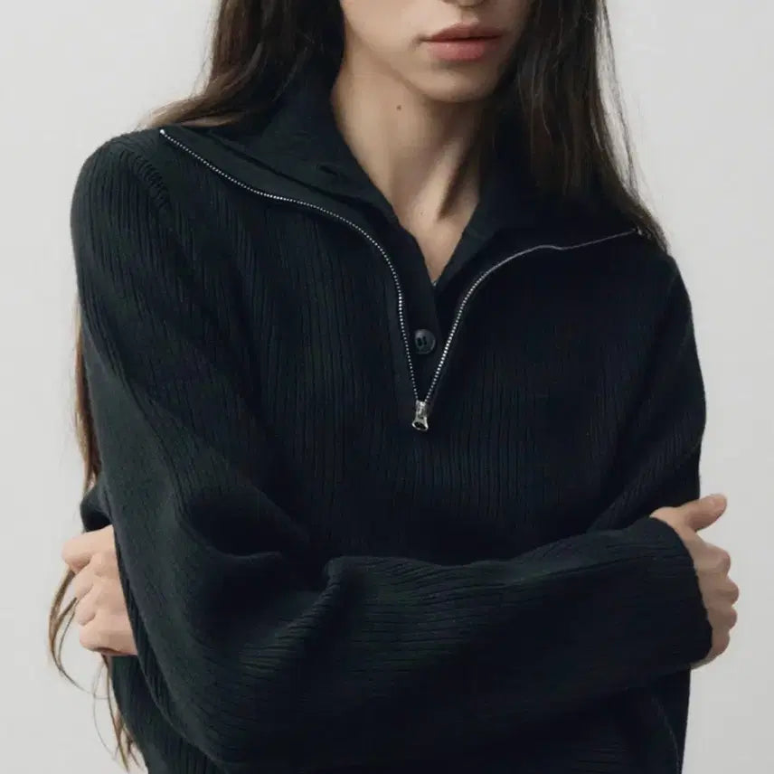 [BUNJANG] Noire Layered Cropped Zip-Up Polo Knit / 비닐그대로새옷) 노이어 크롭 레이어드 집업 폴로 니트
