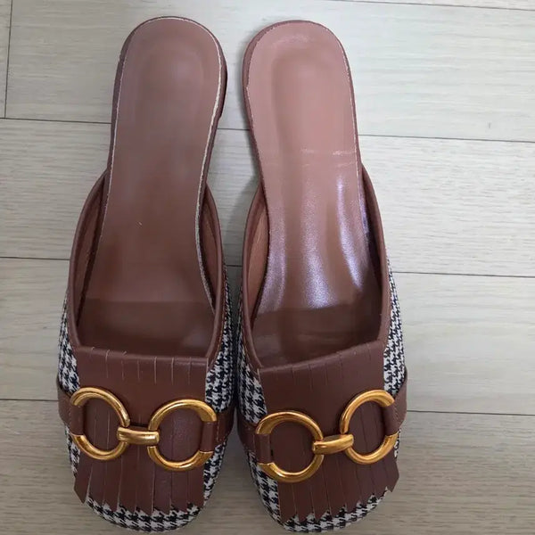 [BUNJANG] Check Pattern Loafer Mules - Brown / 체크 무늬 로퍼 뮬 브라운 새상품