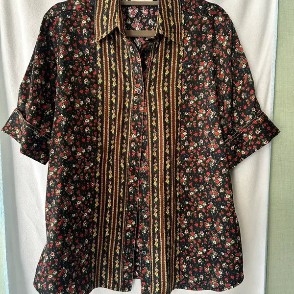 [BUNJANG] Sandro Retro Flower Pattern Short Sleeve Blouse / 77) Sandro 산드로 복고풍 플라워 패턴 반팔 블라우스
