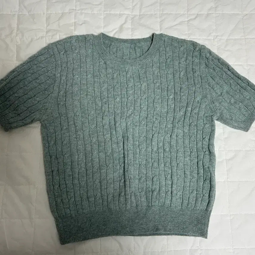 [BUNJANG] Mint Twist Round Neck Short Sleeve Knit / 민트 꽈배기 라운드넥 반팔 니트