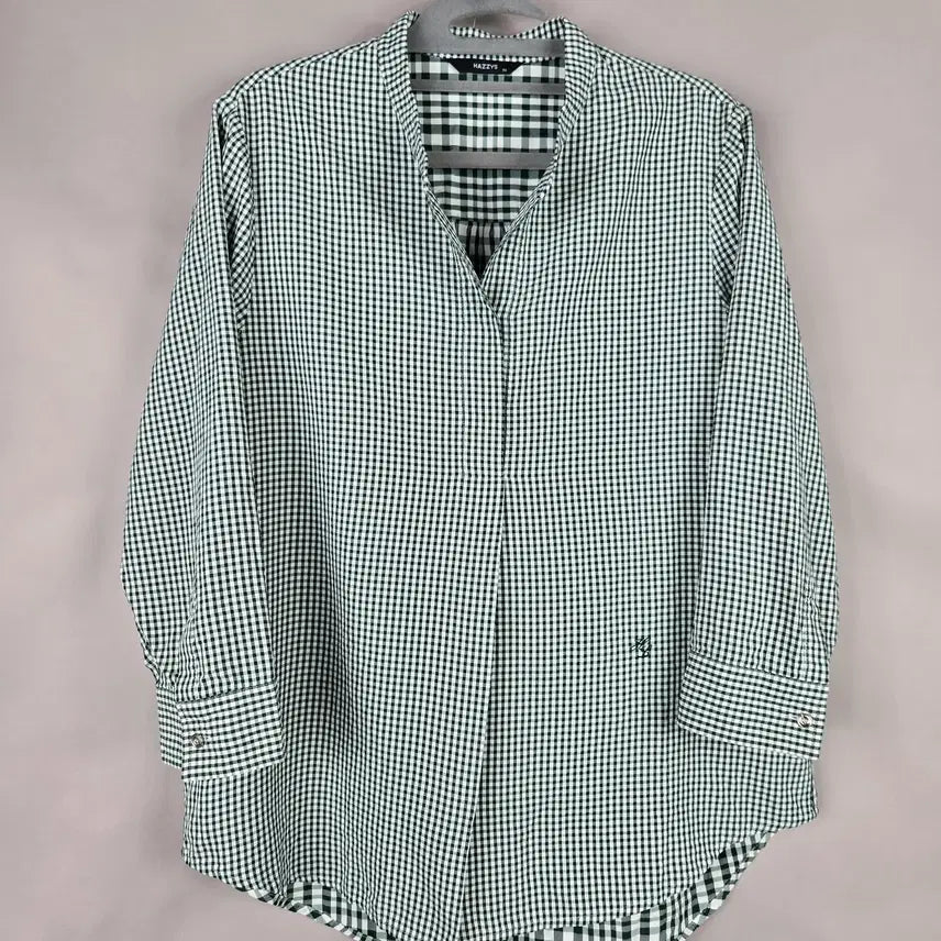 [BUNJANG] Hazzys Women's 7-Sleeve Gingham Check Blouse (Green, Size 95) / [무료배송]헤지스 95 여성 얇은 링클 원단 루즈핏 7부소매 깅엄 체크 블라우스