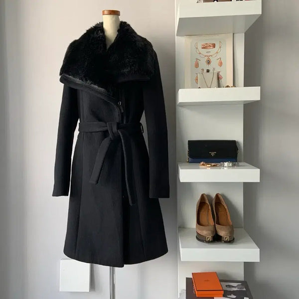 [BUNJANG] Diane von Furstenberg Belted Wool Coat with Fur Collar - Black / 55 DVF 퍼 카라 벨티드 울 코트 블랙