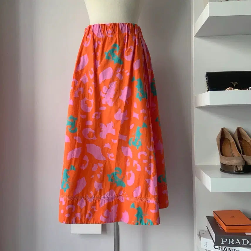 [BUNJANG] O'2nd Orange Floral Pattern Cotton Banding Skirt / [26] 오즈세컨 오렌지 플로럴 패턴 코튼 밴딩 스커트