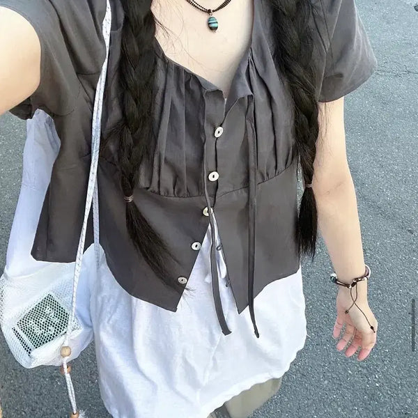 [BUNJANG] Ounmind Juicy Shirring Blouse Charcoal / 오운마인드 쥬시 셔링 블라우스 차콜
