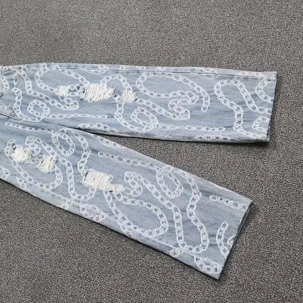 [BUNJANG] Cotton Chain Pattern Wide Jeans / 면  체인 패턴 데미지 와이드 청바지