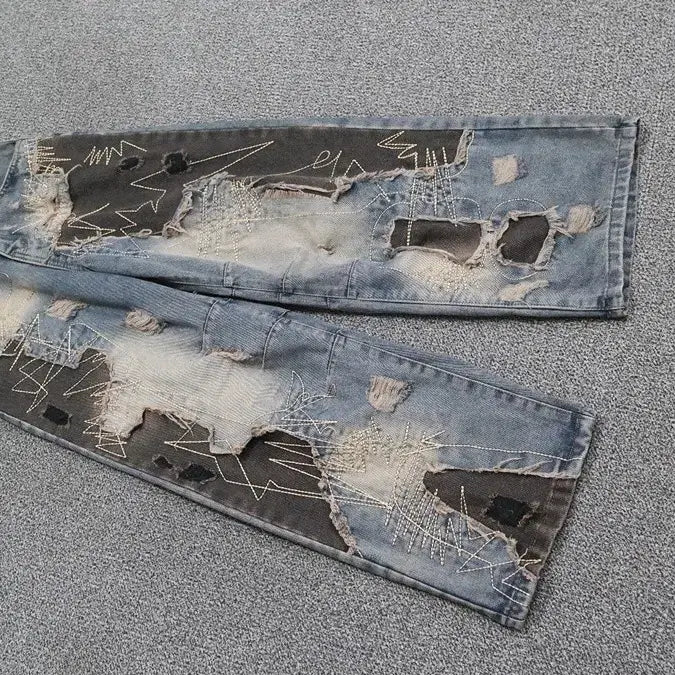 [BUNJANG] Distressed Patchwork Stitch Wide Leg Denim Pants / 디스트로이드 데님 팬츠 패치워크 스티치 통팬츠