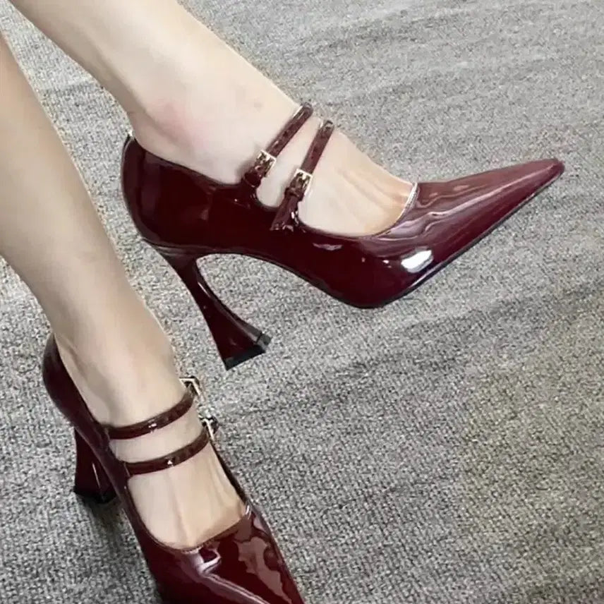 [BUNJANG] French Vintage Wine Strap Buckle High Heels 9cm / 프렌치 빈티지 와인색 스트랩 버클 하이힐 9cm 구두
