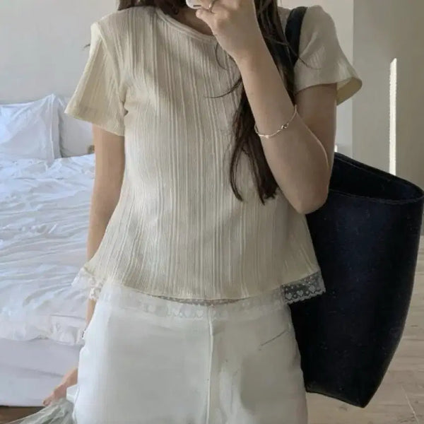 [BUNJANG] Lace Short Sleeve Blouse / 새상품] 레이스 반팔 출근룩 2.2->1.0에이블리 지그재그 판매