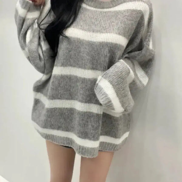 [BUNJANG] Striped Knit Sweater - Grey / 새상품|스트라이프 니트 그레이