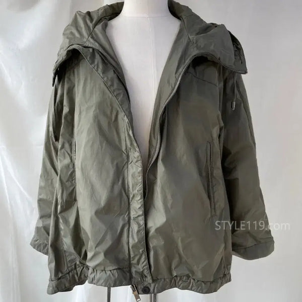 [BUNJANG] Liberzen Flare Short Jumper Windbreaker Jacket Khaki / 제평 리버젠 LIBERZEN 플레어 숏점퍼 바스락 후드 셔링 바람막이 자켓 카키 간절기 야상 A라인 아방핏