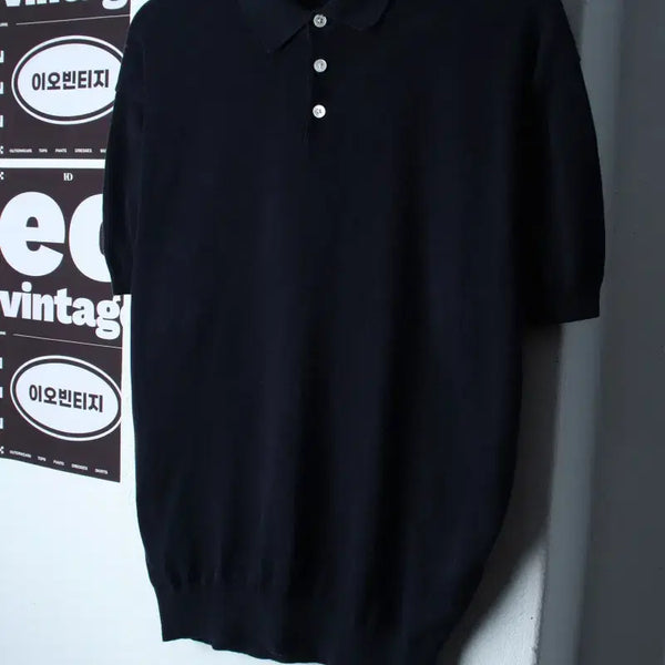 [BUNJANG] L-XL Navy Plain Basic Collar T-shirt Knit (H37464) / (L-XL) 론트 반팔 카라 티셔츠 니트 네이비 무지 놈코어-H37464