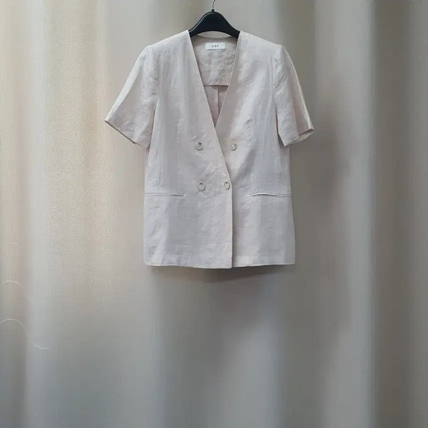 [BUNJANG] Beige 100% Wool V-Neck Short Sleeve Double-Button Jacket / 미착용 리스트 반소매 마100 자켓