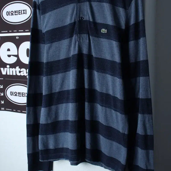 [BUNJANG] Lacoste Long Sleeve Striped Polo Shirt Navy / (M-L) 라코스테 카라 긴팔티셔츠 스트라이프 네이비 올드스쿨-H37451