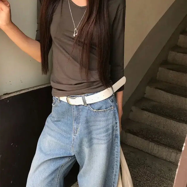 [BUNJANG] Baydelli Onz V-Neck 7-Button 3/4 Sleeve Top (Charcoal) / 베이델리 온즈 브이넥 7부티 ( 차콜 )