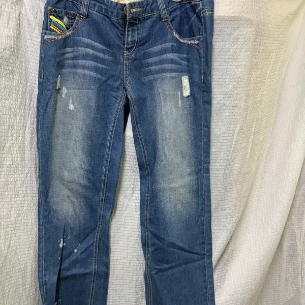 [BUNJANG] Thursday Island Women's Distressed Rainbow Embroidered Jeans / 썰스데이아일랜드 청바지
