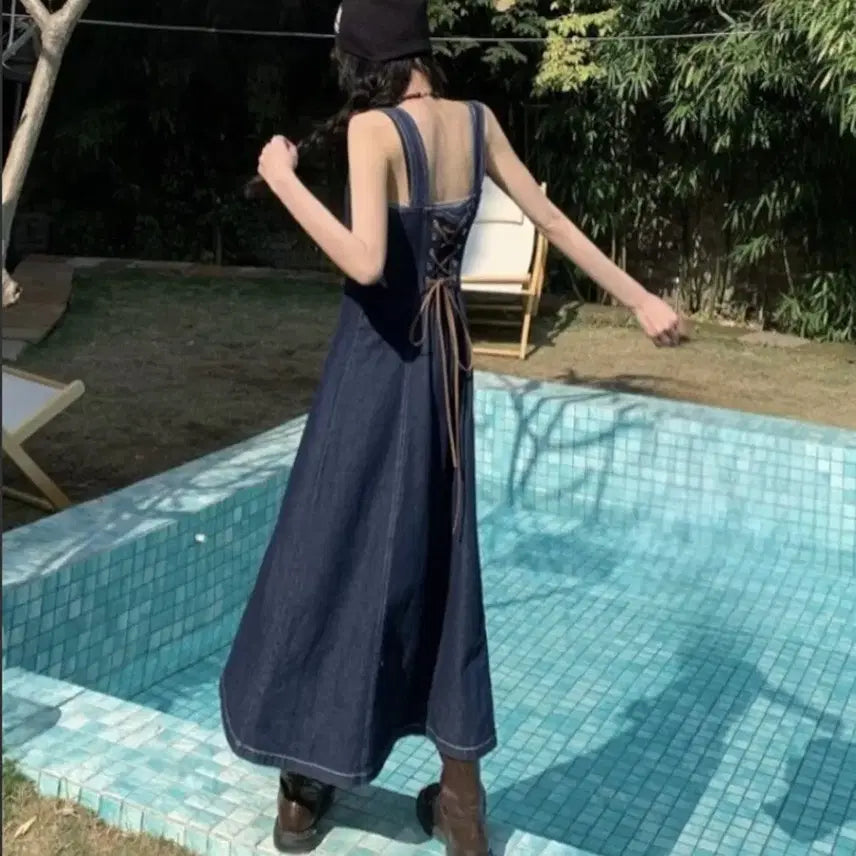[BUNJANG] Y2K Style Vintage Denim Long Dress / 여성 y2k 스타일 빈티지 가을 데님 롱 원피스
