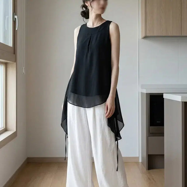 [BUNJANG] Black Chiffon Layered Blouse Size 55 / 블랙 시폰 레이어드  블라우스 55