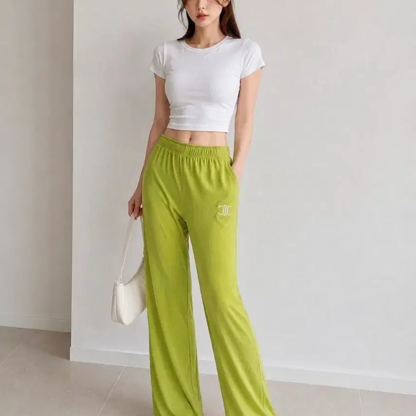 [BUNJANG] Lime Green Wide Flowy Yoga Pants / 라임색 와이드 찰랑 요가 팬츠