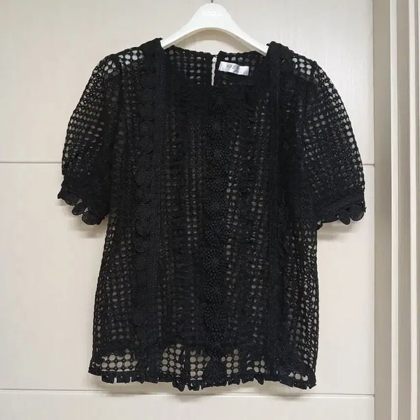 [BUNJANG] Black Puff Sleeve Mesh Lace Blouse / 새옷) 망사레이스 블랙 퍼프소매 블랏