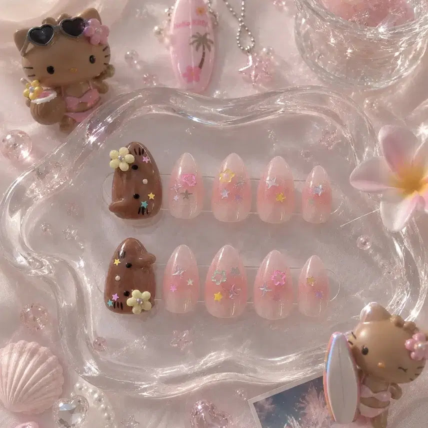 [BUNJANG] Handmade Tanning Kitty Cheek Gel & Glitter Nail Tips Set / 태닝키티 치크젤 반짝반짝 수제네일팁