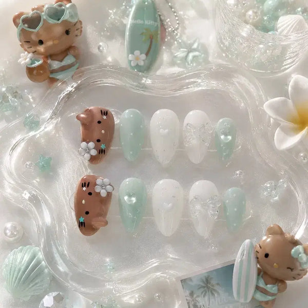 [BUNJANG] Handmade Mint Tanning Kitty Cheek Gel Dot Star Nail Tips / 민트 태닝키티 치크젤 도트 별 수제네일팁
