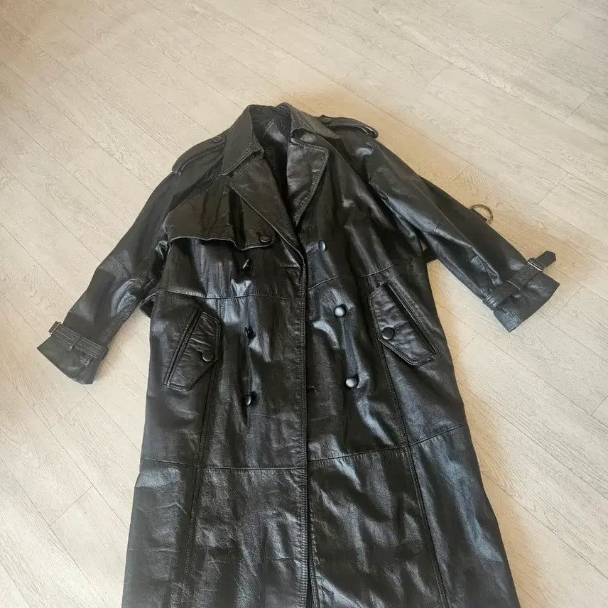 [BUNJANG] Black Leather Trench Coat / 블랙 레더 트렌치 코트