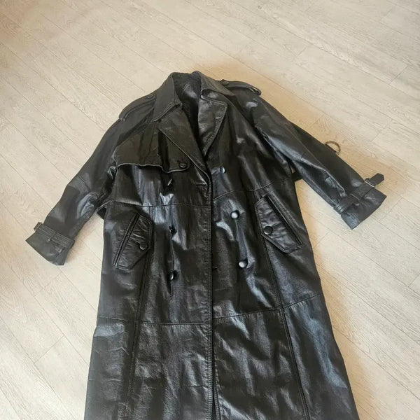 [BUNJANG] Black Leather Trench Coat / 블랙 레더 트렌치 코트