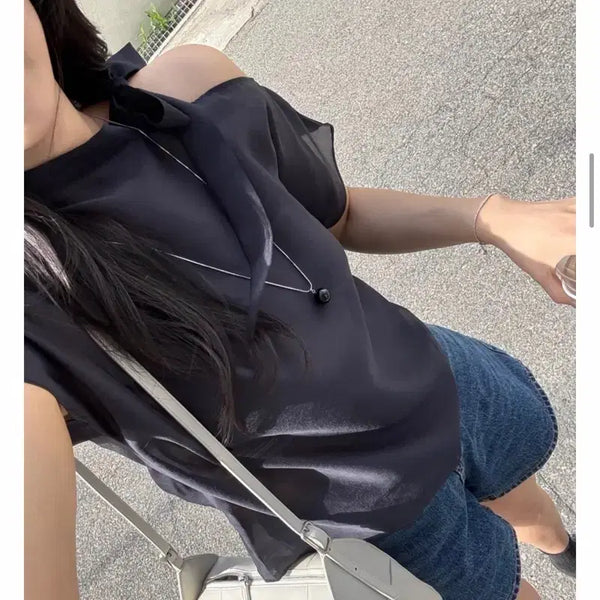 [BUNJANG] Mlieyet One-Off Ribbon Satin Blouse Navy / 믈리예트 원오프 리본 새틴 블라우스 네이비 하객룩 출근룩