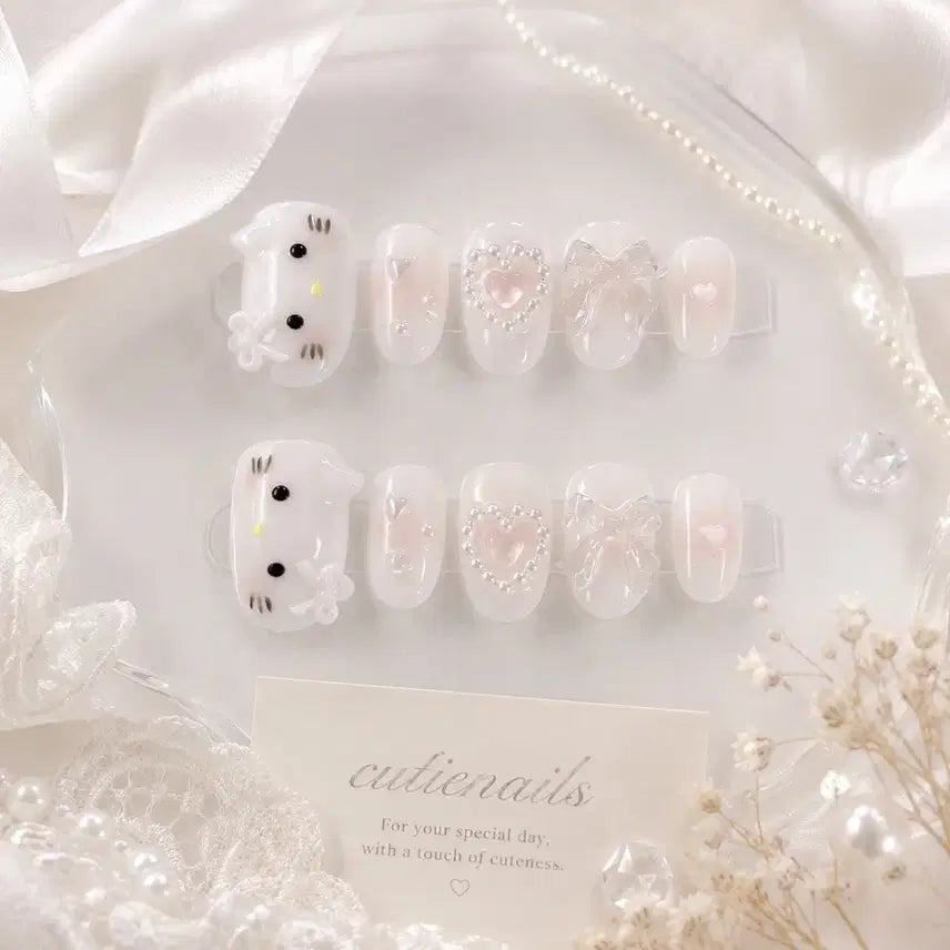 [BUNJANG] Handmade Kitty Chic White Syrup Gel Nail Tips / 여리여리 키티 치크 화이트 시럽젤 수제네일팀